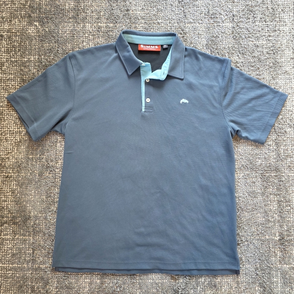 Simms Fishing Products Performance Polo Shirt Blue Gray Trout Logo Men’s Med